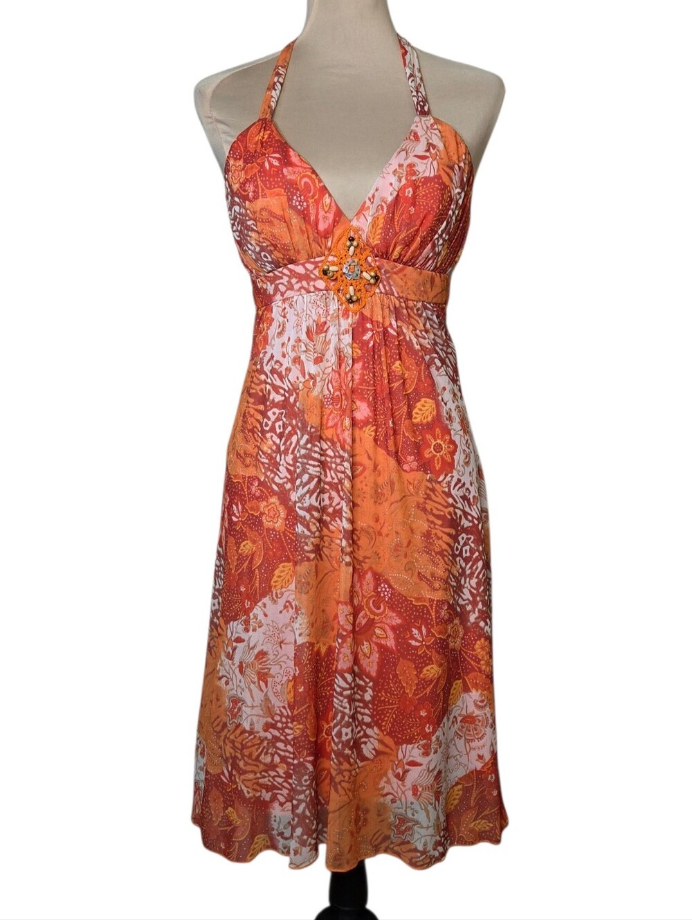 Y2K Patchwork Babydoll Halter Dress Orange Crochet Mesh USA Beaded Boho Fairy